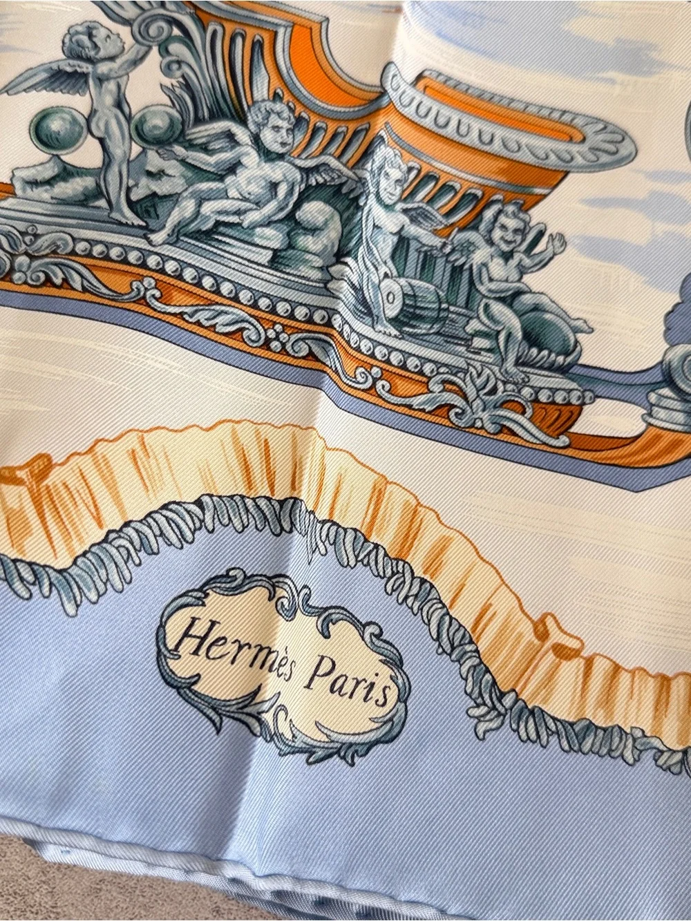 Hermes Blue, Cream and Orange Silk Scarf — Winter Sleigh Tableau